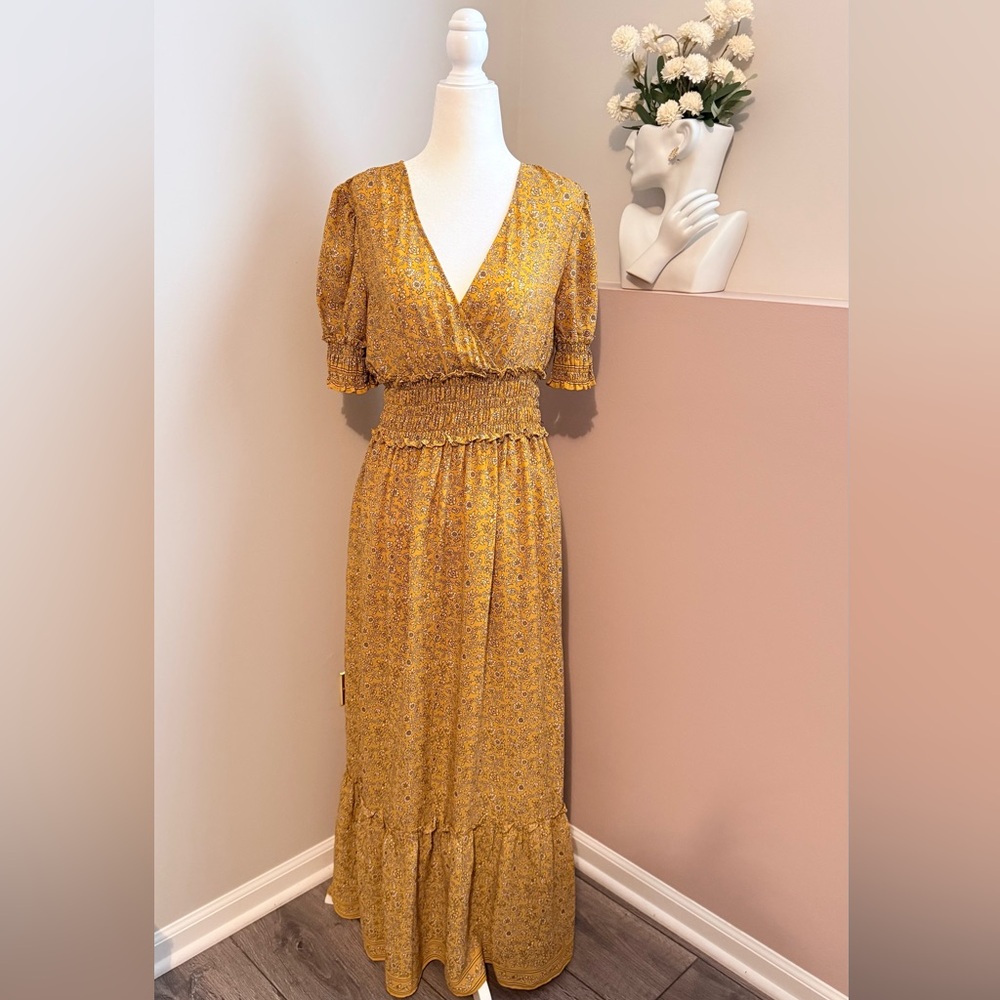 Max Studio Women’s Small Yellow Mustard Floral Maxi Dress Summer‎ Fall Spring
